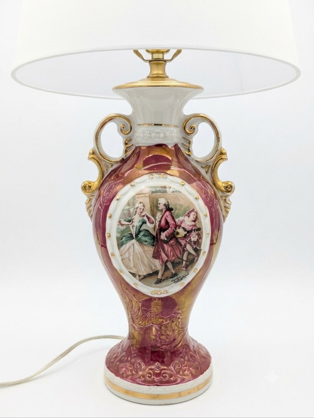 Mid-century Rococo Style Burgundy & Gold Porcelain Figural Urn Table Lamp - Picture 4 of 16